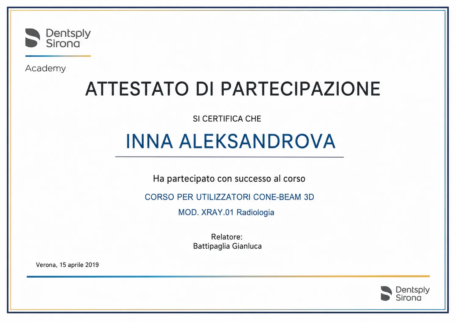 Attestato Dentsply Sirona